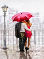 Двое под красным зонтом у реки