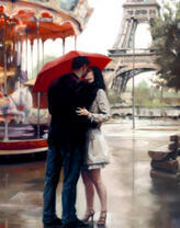 Поцелуй в Париже под красным зонтиком