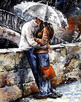 Влюбленные под белым зонтом во время дождя