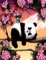 Уставшая панда на цветущем дереве