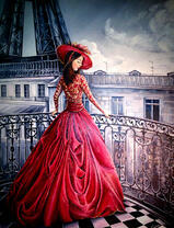 Девушка в бальном платье возле Эйфелевой башни