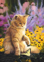 Маленький котенок играет с бабочкой