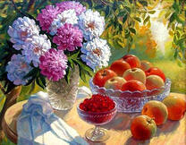 Садовый натюрморт с букетом и фруктами