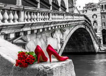 Туфли и букет роз возле моста