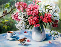 Садовый букет, кофе и птичка