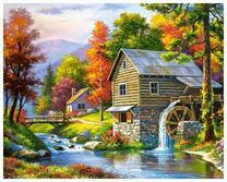 Начало осени в лесу и мельница на реке