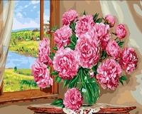 Букет пионов и вид из окна