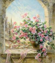 Букет кустовых роз на подоконнике