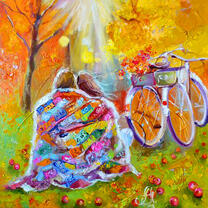 Пара на велосипедах в осеннем лесу