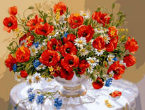 Полевые маки и ромашки в большом букете