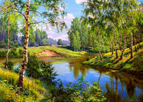 Спокойная гладь реки и березы на берегах