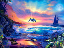 Пара дельфинов в ночном море и корабль