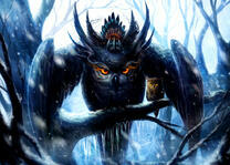 Злой филин в ночном лесу