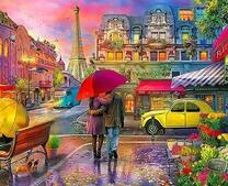 Пара под зонтом и автомобиль на фоне Эйфелевой башни