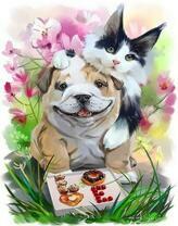 Собака и кошечка в цветах