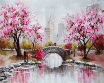 Цветущие деревья у озера в Нью-Йорке