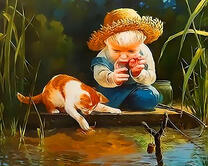 Мальчик и котенок ловят рыбку