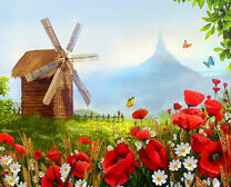 Мельница, маки и ромашки