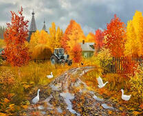 Трактор осенью в деревне