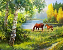 Лошадь с жеребенком у ручья