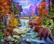 Медвежья семья ловит рыбу