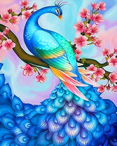 Голубой павлин на ветке сакуры