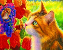 Кошка и мышонок на веточке винограда