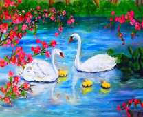 Лебеди и малыши на озере