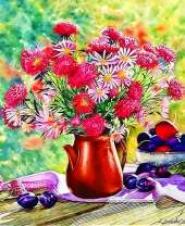 Букет в чайничке и сливы