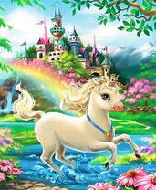 Милый единорог на фоне замка