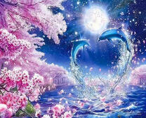 Дельфины, сакура и луна