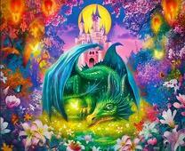 Зеленый дракон на фоне замка