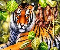 Тигр под тропическими листьями