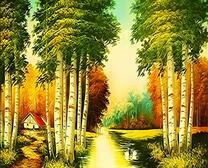 Домик у реки с березовой рощей