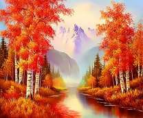 Березы в осенней листве и вид на горы