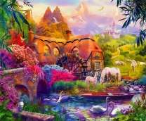 Дом с водяной мельницей и лошади