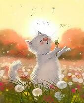 Белая кошечка среди одуванчиков