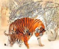 Тигрица с тигрёнком и зимний лес