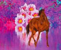 Танцующая лошадь на фоне цветов