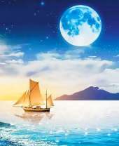 Парусник в море и большая луна