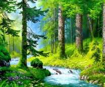 Река в густом еловом лесу