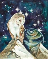 Сова на горе, на фоне планеты