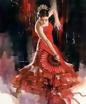 Страстный танец в красном платье с веером