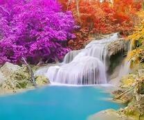 Лес с разноцветными листьями и водопад