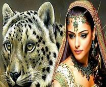 Леопард и девушка в красивом наряде