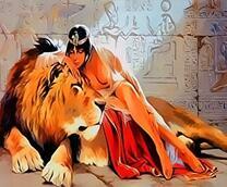 Обнаженная девушка обнимает льва