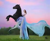 Черный скакун и девушка в платье