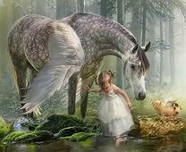 Девочка с пегасом у лесного ручья