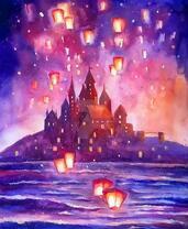 Замок на острове и фонарики в небе