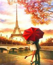 Поцелуй под красным зонтом на берегу Сены